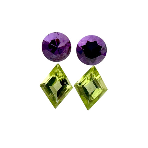 Loose Peridot and Amethyst gemstone set, vibrant green and purple hues, ideal for jewellery making