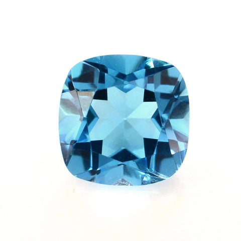 6mm cushion-cut Swiss Blue Topaz gemstone, natural and ethically sourced from Brazil, with a vibrant blue color, perfect for custom jewelry designs