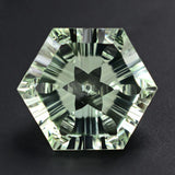 Hexagon-shaped 10mm green amethyst prasiolite gemstone, showcasing a brilliant soft green color and expert faceting