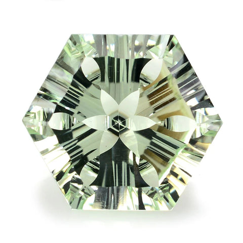 10mm hexagon-cut green amethyst (prasiolite) loose gemstone with a soft green hue, perfect for custom jewelry designs